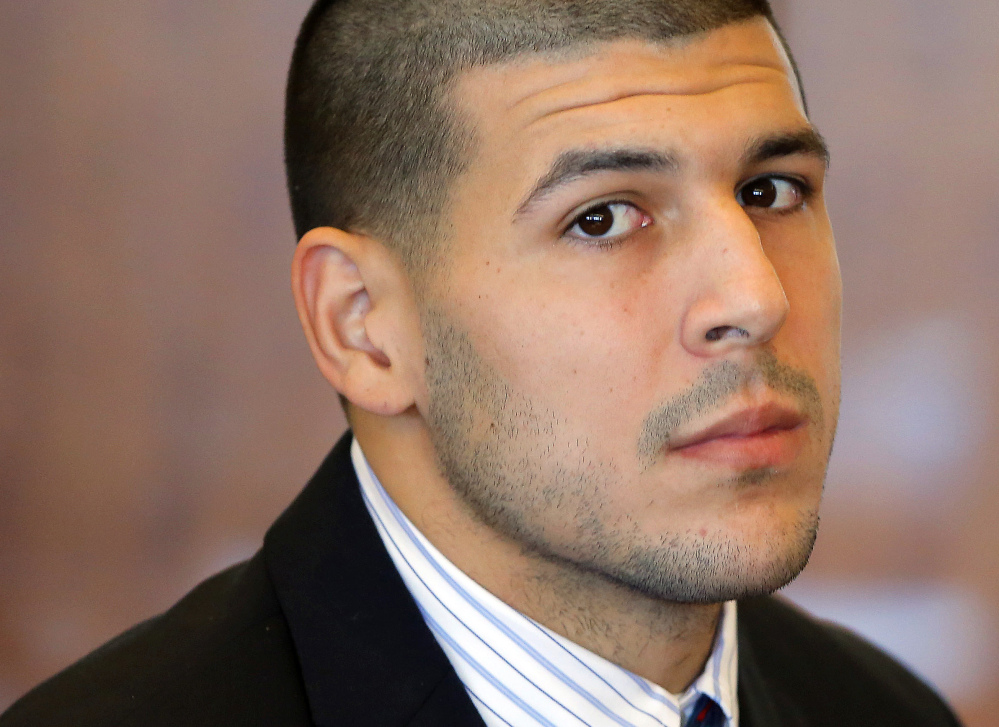 Former Patriots player Aaron Hernandez attends a pretrial court hearing in Fall River, Mass. Hernandez has pleaded not guilty to killing Odin Lloyd, 27, a semi-professional football player from Boston who was dating the sister of Hernandez’s girlfriend.