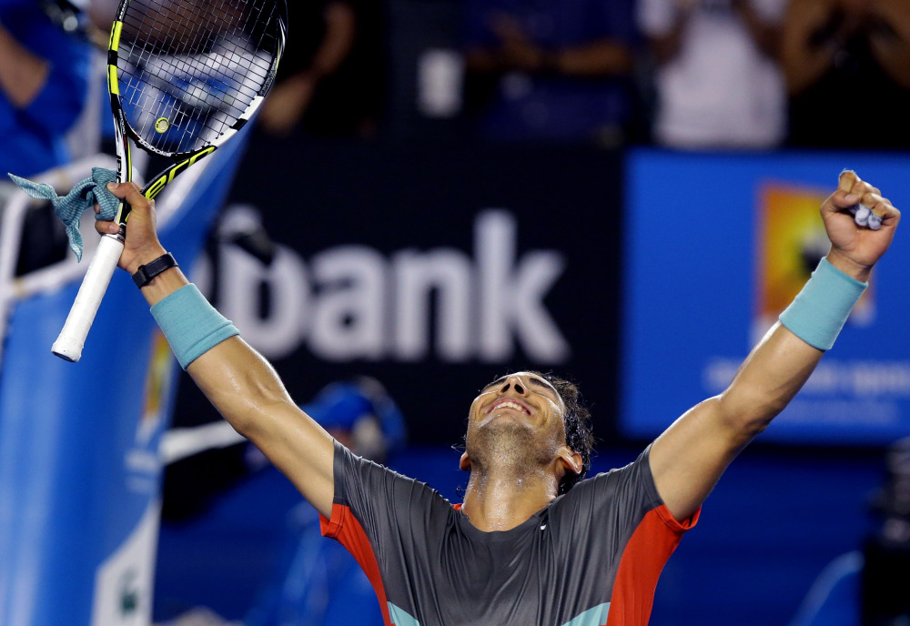 Rafael Nadal celebrates his win over Gael Monfils during their third-round match at the Australian Open on Saturday night in Melbourne, Australia.