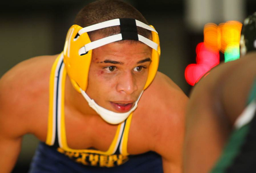 Contributed photo QUICK ADJUSTMENT: Mt. Blue High School graduate Khalil Newbill is of to a fast start for the University of Southern Maine wrestling team. Newbill is 19-4 as a freshman.