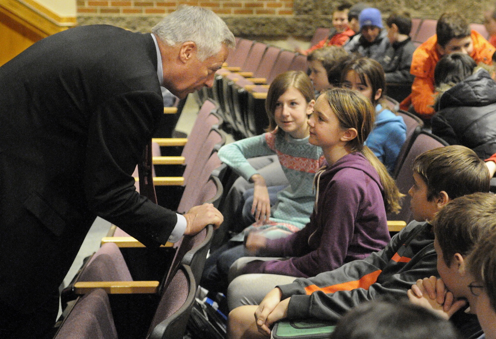 Staff photo by Andy Molloy Congressman Mike Michaud speaks with Hall-Dale High School Middle School students Tuesday during a question and answer session at the Farmingdale school.