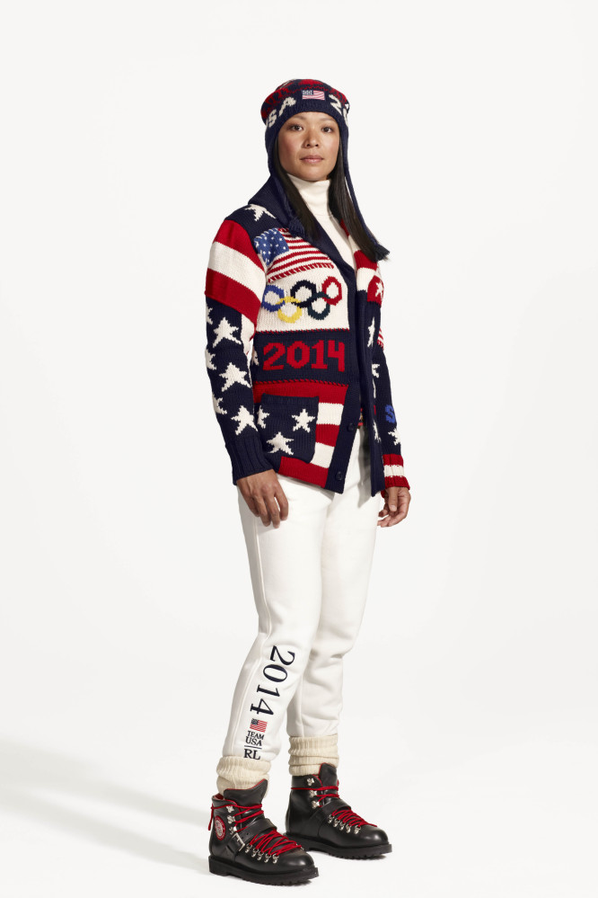 American Olympic ice hockey player Julie Chu wears the official uniform for Team USA. Every article of clothing made by Ralph Lauren for the U.S. Winter Olympic athletes in Sochi, including their opening and closing ceremony uniforms and their Olympic Village gear, has been made by American craftsmen and manufacturers.