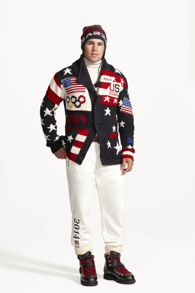 American hockey player Zach Parise wears the official uniform for Team USA to be worn at the opening ceremony for the 2014 Winter Olympic games in Sochi, Russia.