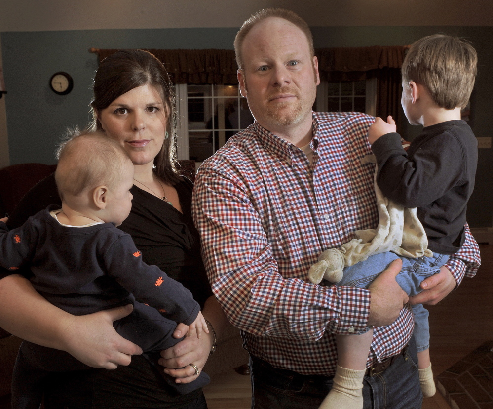 Hannah and Brett Williams, shown with their children in Sanford, didn’t learn until this month that their son was swaddled too tightly in an incident at least three years ago at a Lyman day care center. Brett Williams says he doesn’t understand why the day care was granted a conditional license despite findings of mistreatment there.