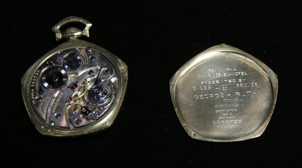 The workings of a pocket watch that was given to Babe Ruth in 1923 are displayed at Heritage Auctions office in Dallas.
