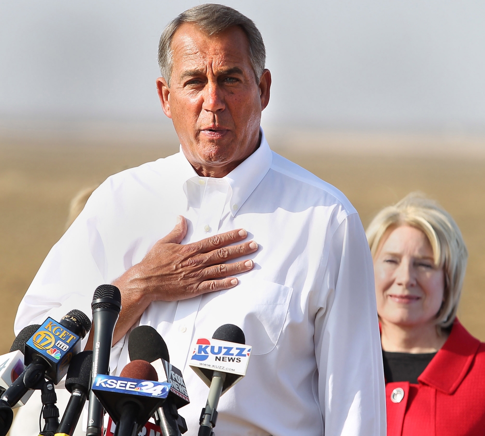 House Speaker John Boehner talks about the drought Wednesday near Bakersfield, Calif., with state Sen. Jean Fuller. He appeared on the “Tonight Show” on Thursday.