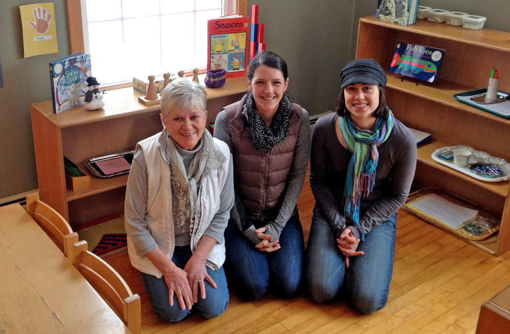 Carrying on: Friends of Samantha Wright remember her while gathered at the Maine Mountain Children’s House, which Wright founded. From left to right is Wright’s friend Kate Hatfield, interim director Bethany Mahar and preschool board member Polly MacMichael.