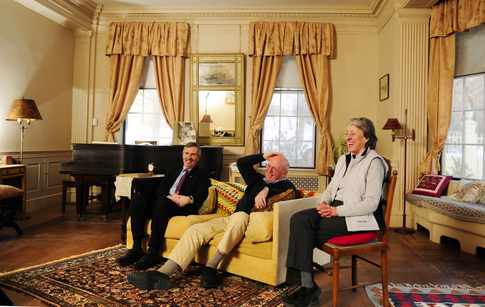 Fulfilling wishes: Elsie & William Viles Foundation Treasurer Mark Johnston, left, President Daniel Wathen and Executive Director Patsy West laugh during an interview on Thursday in the Daniel Cony Weston House on Stone Street in Augusta.