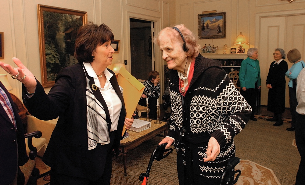 Philanthropist Elsie Viles, 92, right, chats with Rep. Patsy Crockett, D-Augusta, in 2007 prior to receiving a legislative sentiment at her Stone Street home in Augusta.