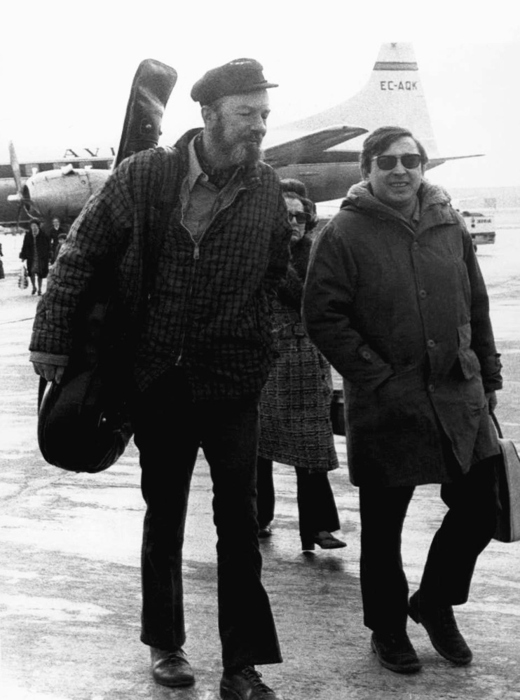 This Feb. 10, 1971, file photo shows American Folk singer Pete Seeger, left, with Spanish singer Raymond, at Madrid’s Barajas airport enroute to a concert in the southern Spanish city of Seville. The American troubadour, folk singer and activist Seeger died Monday Jan. 27, 2014, at age 94.