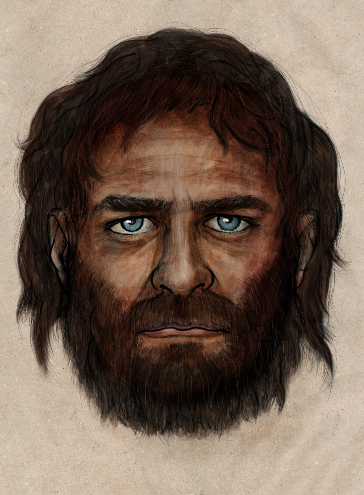 This drawing provided by the Spanish National Research Council depicts a hunter-gatherer who lived in Europe some 7,000 years ago, who might have had blue eyes and dark skin, a combination that has largely disappeared from the continent in the millennia since.