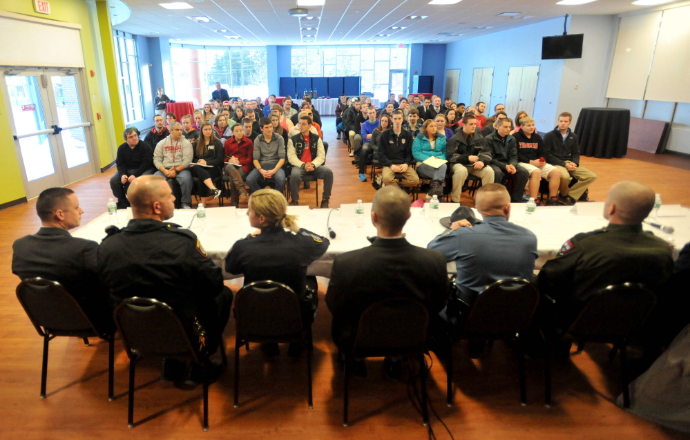 LAW ENFORCEMENT CAREERS: Officials from across the criminal justice industry including the FBI, Maine Warden Service and director of surveillance for Hollywood Casinos gathered at Thomas College in Waterville Tuesday for a panel discussion about career opportunities.