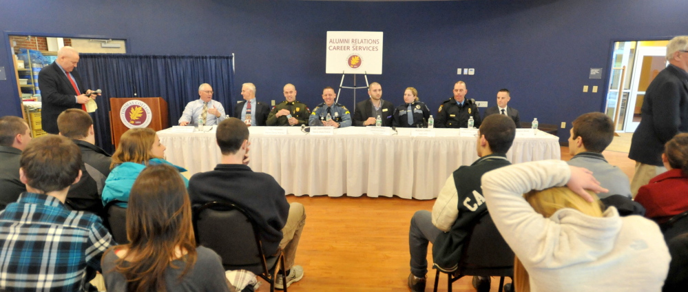 LAW ENFORCEMENT CAREERS: Officials from across the criminal justice industry including the FBI, Maine Warden Service and director of surveillance for Hollywood Casinos gathered at Thomas College in Waterville Tuesday for a panel discussion about career opportunities.