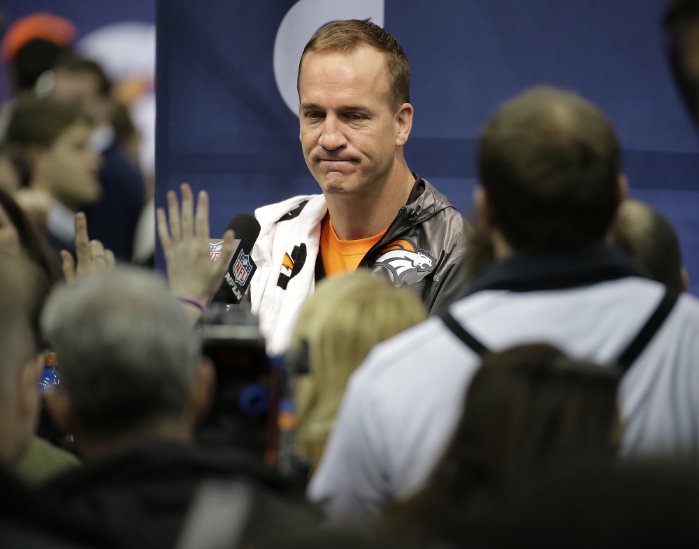 Denver Broncos’ Peyton Manning answers questions during media day for the NFL Super Bowl XLVIII football game on Tuesday in Newark, N.J. “I’ve been being asked about my legacy since I was about 25 years old . . . I’m not even 100 percent sure what the word even means.”
