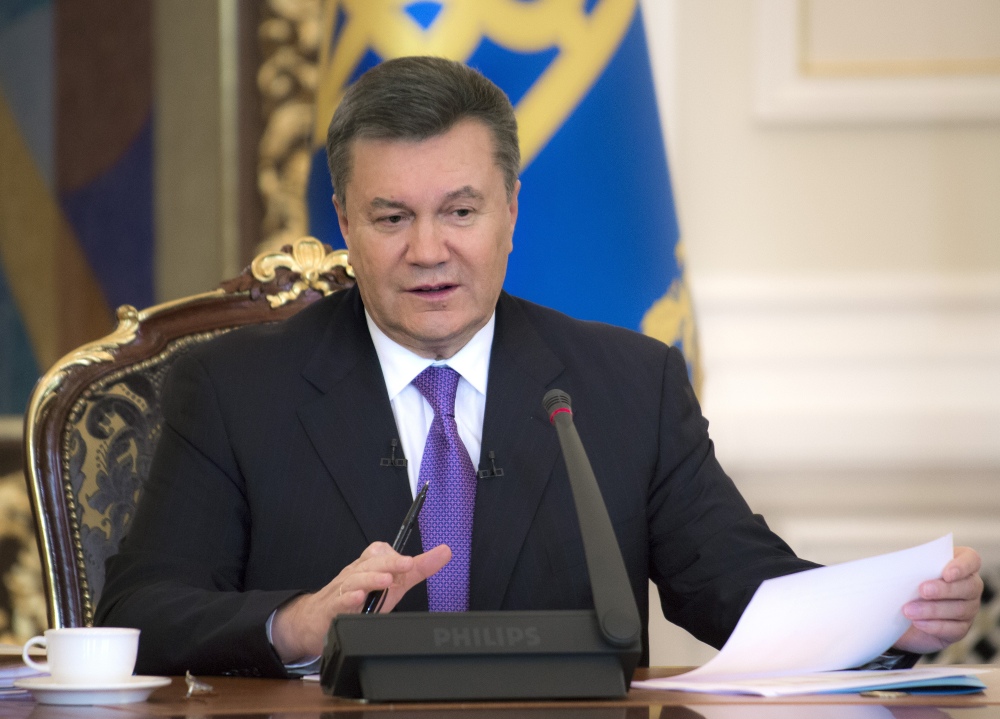 Ukrainian President Viktor Yanukovych holds a press conference in Kiev, recently. Protesters are demanding Yanukovych’s resignation, early elections and the firing of authorities responsible for violent police dispersals of demonstrators.