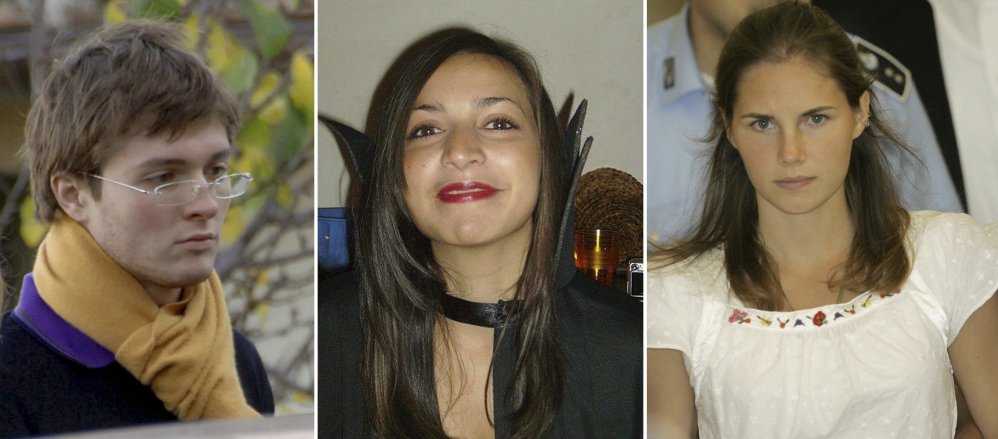 This combination of photos shows, from left: Italian student Raffael Sollecito; slain 21-year-old British woman Meredith Kercher; and her American roommate Amanda Knox. A Florence appeals panel designated by Italy’s supreme court reinstated Knox's murder conviction Thursday.