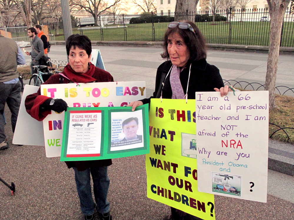 www.brogi.info/ Linda Finkel-Talvadkar, left, and Barbara Elsas, both of whom identified as “children of the ’60s,” regularly set up camp outside the White House on Mondays and talk to passers-by about the need to urge politicians to revisit gun laws. The two women, along with a handful of others, have been doing this ever since the July 2012 shooting spree in Aurora, Colo.