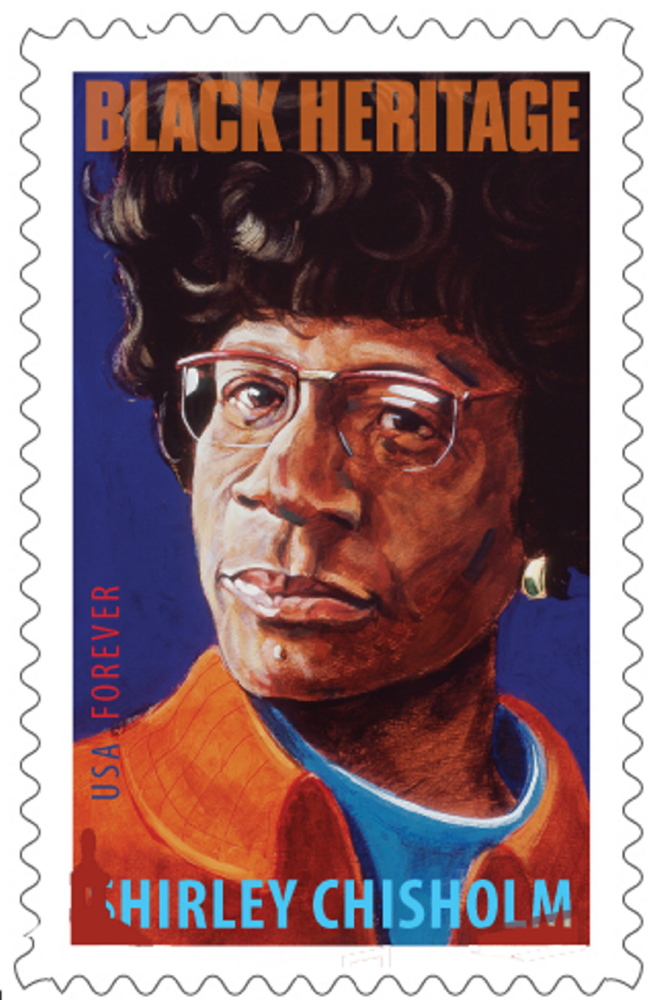 Robert Shetterly created the image of Shirley Chisholm that now graces a stamp, above, in the Postal Service’s Black Heritage Series.