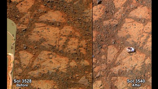 This composite image provided by NASA shows before and-after images taken by the Opportunity rover. At left is an image of a patch of ground taken on Dec. 26, 2013. At right is an image taken on Jan. 8, 2014, showing a rock shaped like a jelly doughnut that had not been there before. The space agency said the rover likely kicked up the rock into its field of view. Opportunity landed on Mars in 2004 and continues to explore.