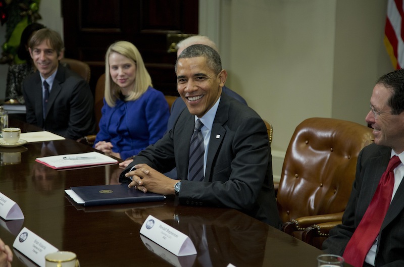 President Barack Obama meets with technology executives in the Roosevelt Room the White House in Washington, Dec. 17, 2013. From left are, Mark Pincus, founder, Chief Product Officer & Chairman, Zynga; Marissa Mayer, President and CEO, Yahoo!, Obama, and Randall Stephenson, Chairman & CEO, AT&T.