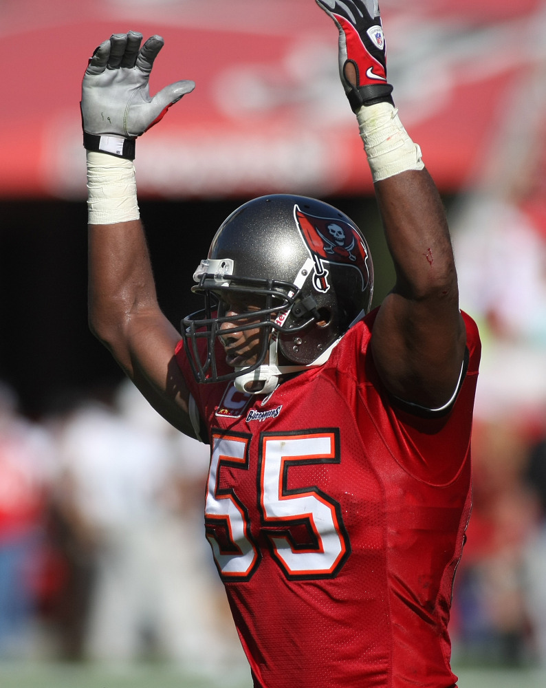Tampa Bay Buccaneers linebacker Derrick Brooks reacts during an NFL football game against the Oakland Raiders in Tampa, Fla. in 2008.