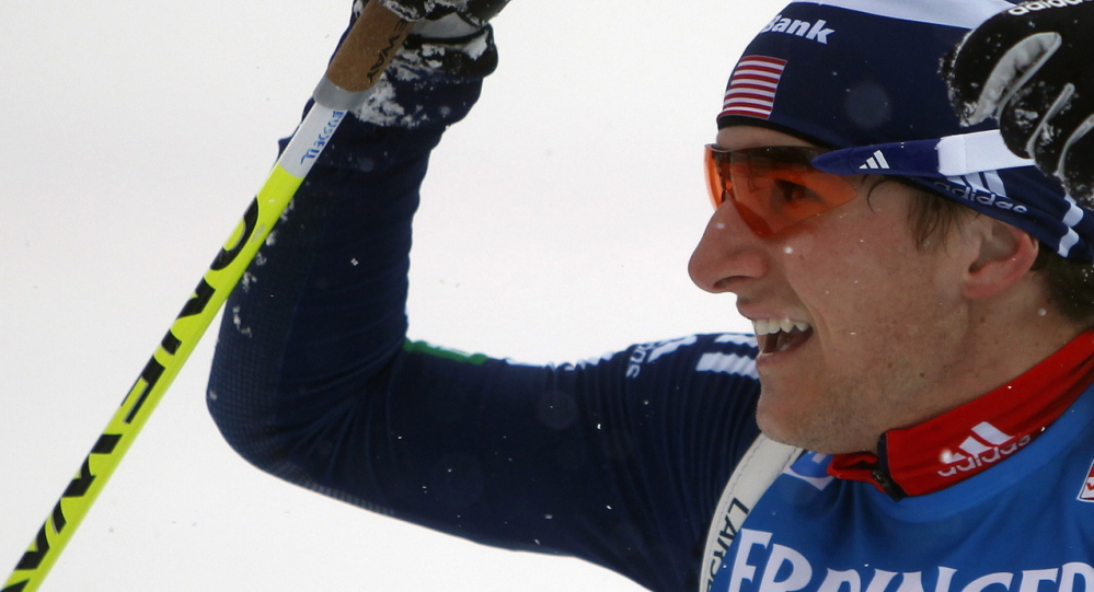 Russell Currier reacts at the finish line after he came in sixth at the World Cup biathlon men’s 10 km sprint event in Nove Mesto na Morave on Jan. 14, 2012.