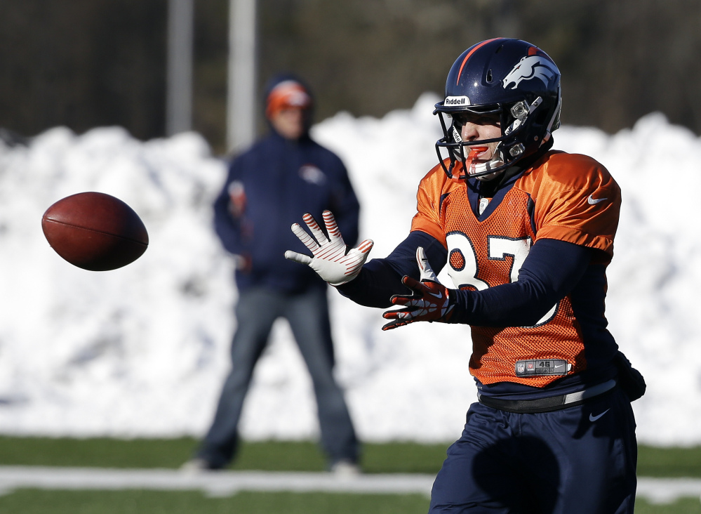 Denver Broncos wide receiver Wes Welker catches a pass during practice this week in Florham Park, N.J. The Broncos play the Seattle Seahawks in the Super Bowl Sunday.
