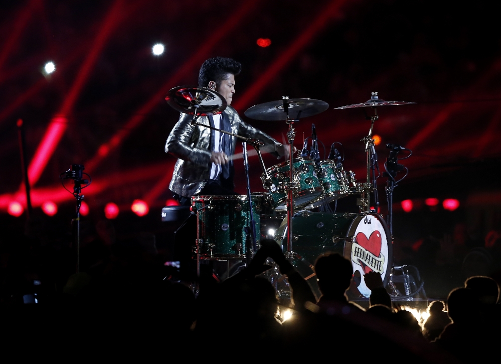 Bruno Mars performs during the halftime show of the NFL Super Bowl XLVIII football game between the Seattle Seahawks and the Denver Broncos Sunday.