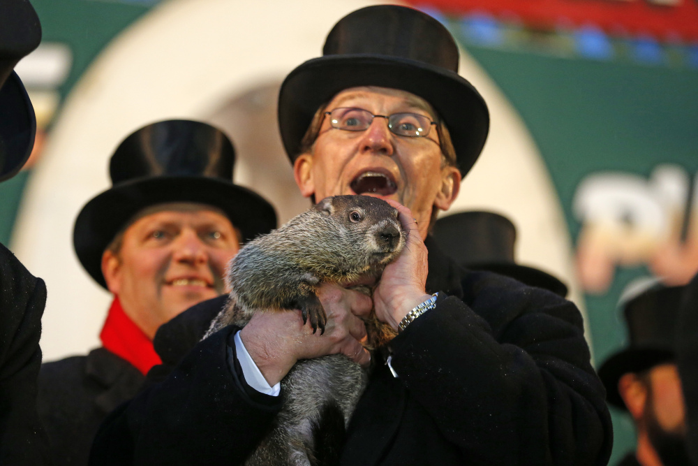 Punxsutawney Phil is held by Ron Ploucha after emerging from his burrow Sunday on Gobblers Knob in Punxsutawney, Pa., to see his shadow and forecast six more weeks of winter weather.