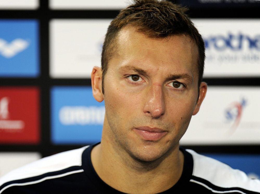 Ian Thorpe appears at a news conference after failing to qualify for the men’s 100-meter butterfly of the Swimming World Cup in Singapore in this Nov. 5, 2011, photo.