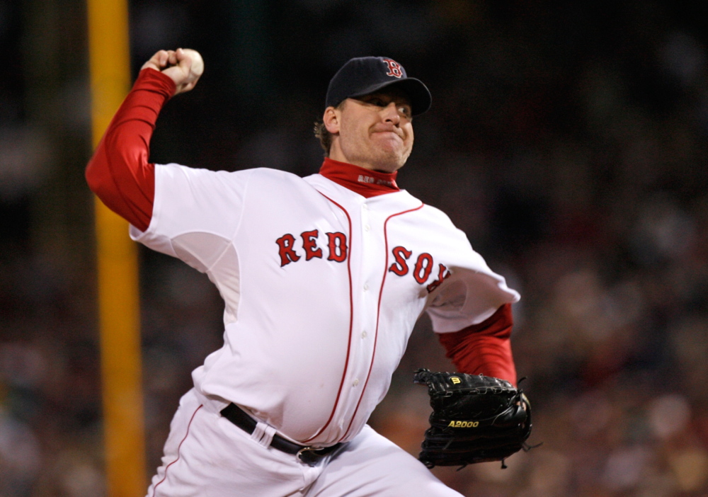 Curt Schilling pitches against the Colorado Rockies in Game 2 of the 2007 World Series at Fenway Park.