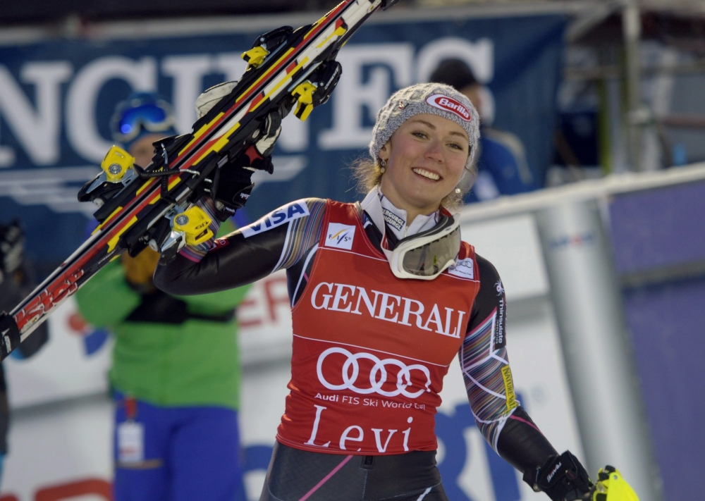 Mikaela Shiffrin reacts after winning the women’s slalom Alpine Ski World Cup in Levi, Finnish Lapland, last November.