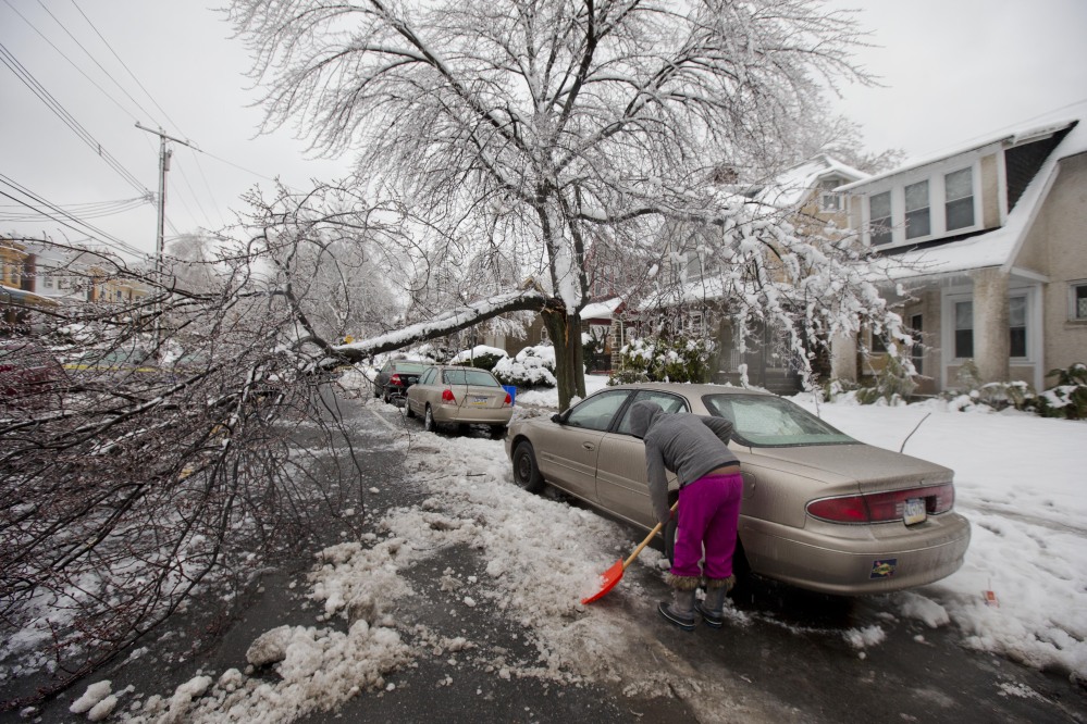 A woman clears snow near a downed tree limb after Wednesday in Philadelphia.