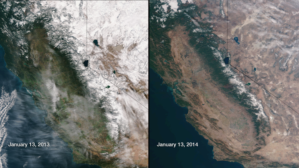 This image provided by NOAA compares Jan. 13, 2013, and Jan. 13, 2014, snow cover in Northern California and Nevada as seen by the Suomi NPP satellite. California is experiencing extreme drought in more than 62 percent of the state.