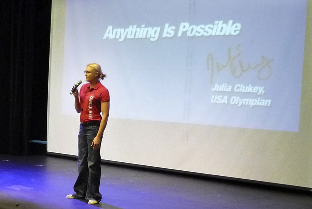 Photos courtesy of Maine Beer & Wine Distributors Association OLYMPIAN ON STAGE: Augusta native Julia Clukey speaks to the students at Winthrop High School.