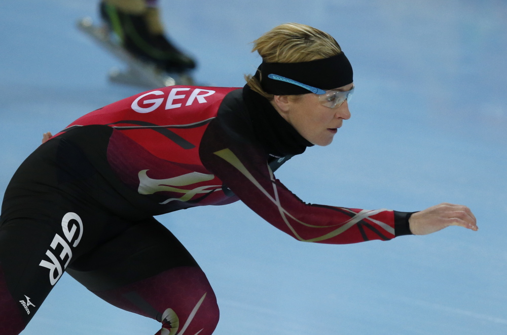 German speedskater Claudia Pechstein trains at the Adler Arena Skating Center during the 2014 Winter Olympics.