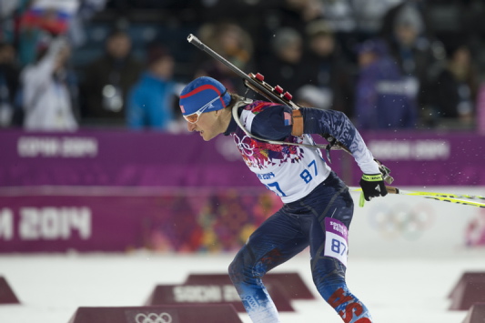Russell Currier of Stockholm, Maine,competes in Saturday’s men’s biathlon 10 sprint at the Winter Olympics Krasnaya Polyana, Russia. Currier missed four of his first five shots and finished 61st.