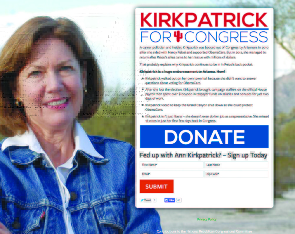 A screenshot shows the AnnKirkpatrick.com website created by Republicans that appears to support the Democratic congresswoman in her campaign for re-election but in the fine print describes her as “a huge embarrassment to Arizona.” Republicans have made nearly 20 such websites that are being denounced as deceptive by Democrats.