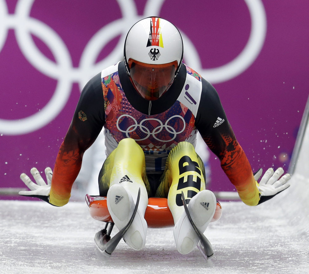 Felix Loch of Germany starts his run during the men’s singles luge competition at the 2014 Winter Olympics on Saturday in Krasnaya Polyana, Russia.