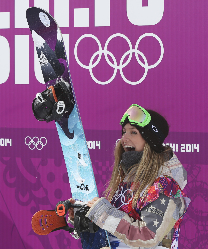 Jamie Anderson of the United States celebrates after winning the women’s snowboard slopestyle final on Sunday