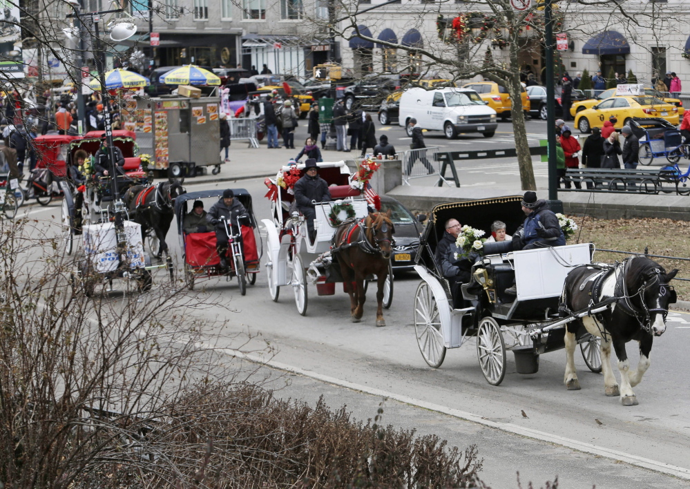 Passengers enjoy a horse-drawn carriage ride near Central Park on New Year’s Eve day in New York. Mishaps involving horses that bolt or get hit by cars make headlines every few years, with the most recent traffic or spooking deaths in 2006 and 2007.
