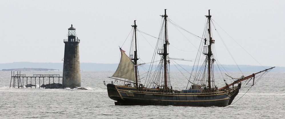 The Bounty motors past Ram Island Ledge Lighthouse off Cape Elizabeth. The 108-foot-long, three-masted ship was a replica of the 18th-century British ship HMS Bounty. It was built in 1960 for the movie “Mutiny on the Bounty” and appeared in several other films, including one “Pirates of the Caribbean” movie.