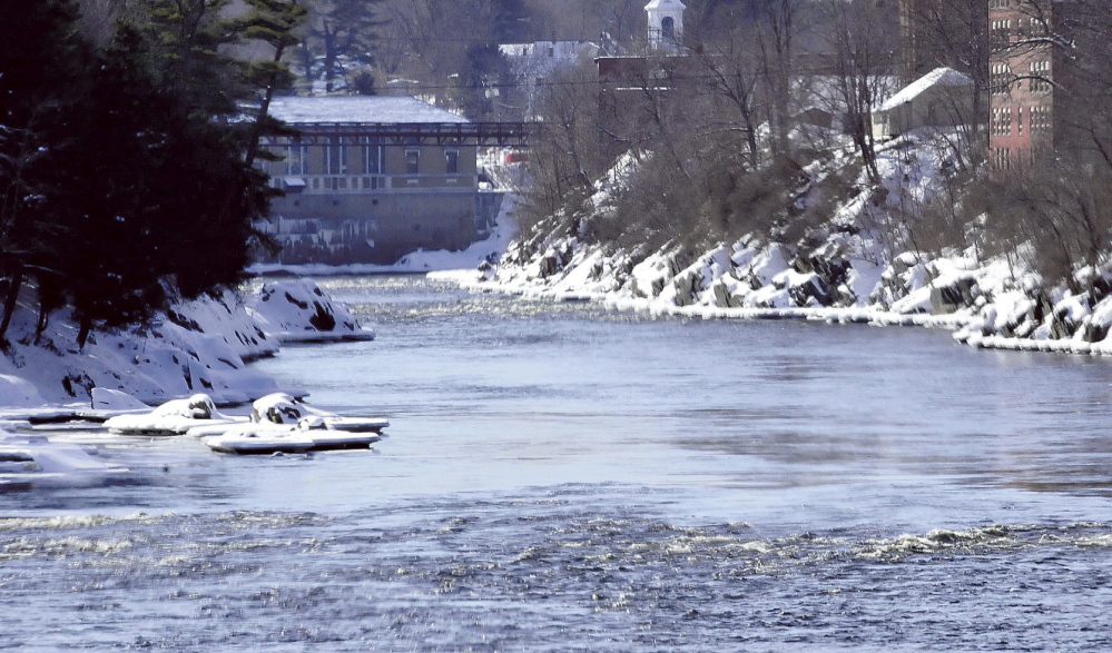 WET AND WILD: The Kennbec Gorge as seen from the Eddy toward downtown Skowhegan, where a water park for recreational boaters is being planned.