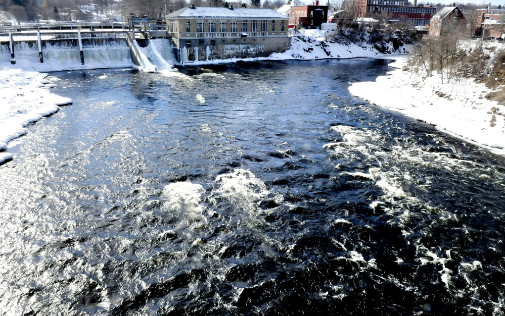 WATER WORKS: Fast water in the Kennebec River flows at the beginning of the Kennebec Gorge in Skowhegan as seen from the walking bridge looking upriver from where the Run of River park would be.