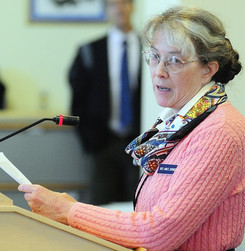 Rep. Ann Dorney, D-Norridgewock, a physician, testifies in favor of the bill, which has overwhelming support from health care organizations, ranging from the Maine Hospital and Maine Medical associations to the national Drug Policy Alliance.