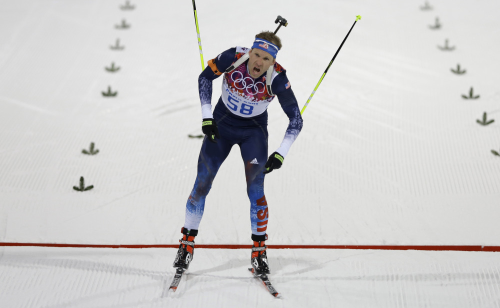 United States’ Lowell Bailey crosses the finish line after the men’s biathlon 20k individual race.