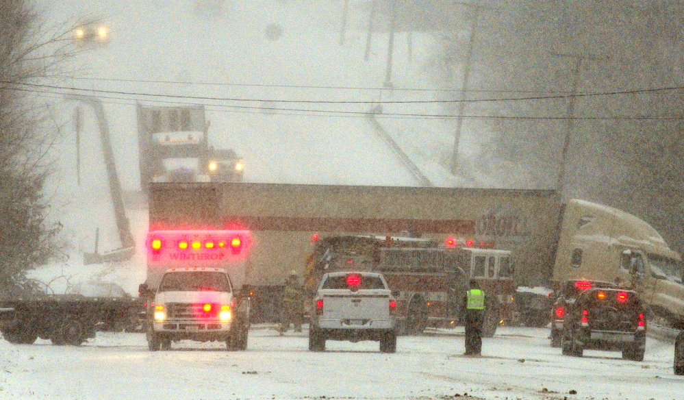 ACCIDENT: A jackknifed tractor-trailer blocks both lanes of U.S. Route 202 on Thursday following a collision with a car. One person was taken to the hospital.