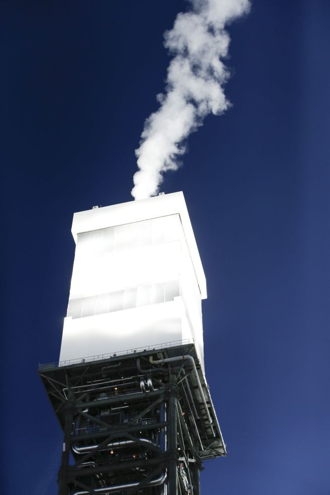 One of the boilers vents steam recently at the Ivanpah Solar Electric Generating System.