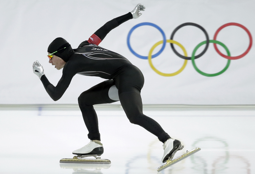 Tucker Fredricks of the United States competes in the first heat of the men’s 500-meter speedskating race at Adler Arena in Sochi, Russia, on Feb. 10.