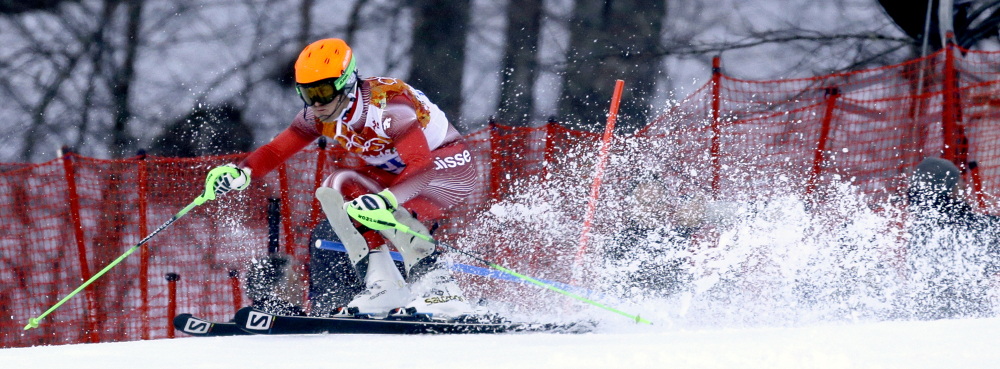 Switzerland’s Sandro Viletta nears the finish in the slalom portion of the men’s super-combined to win the gold medal at the Sochi 2014 Winter Olympics Friday.