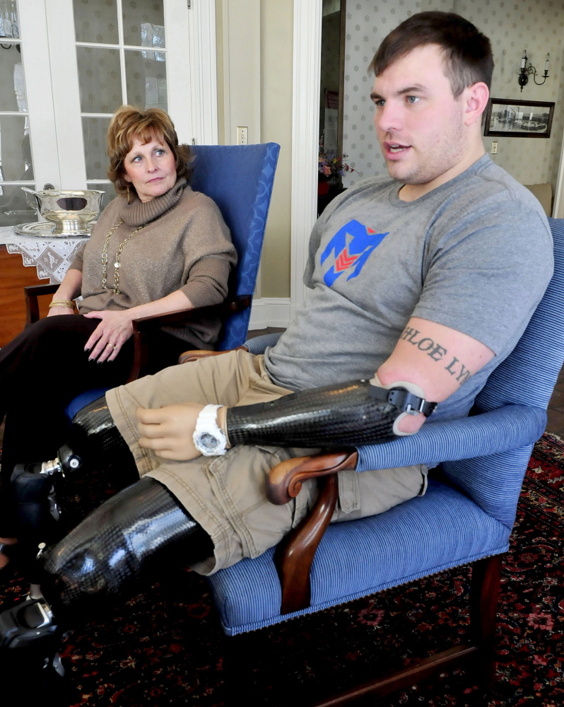 Promoting his Project: Wounded Army veteran Travis Mills, speaking on Wednesday during a meeting with Maine first lady Ann LePage at the Blaine House in Augusta, talks about the effort to raise money for a recreation center on Salmon Lake in Belgrade that would help other disabled veterans recover from their injuries.